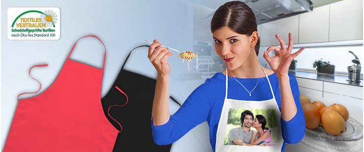 zeitgenössisch Kochschürze Frauenporträt Klare Farben Digitaldruck 