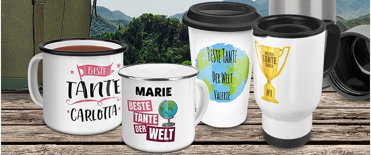 Emaille Tassen und Thermobecher mit Beste Tante-Layouts