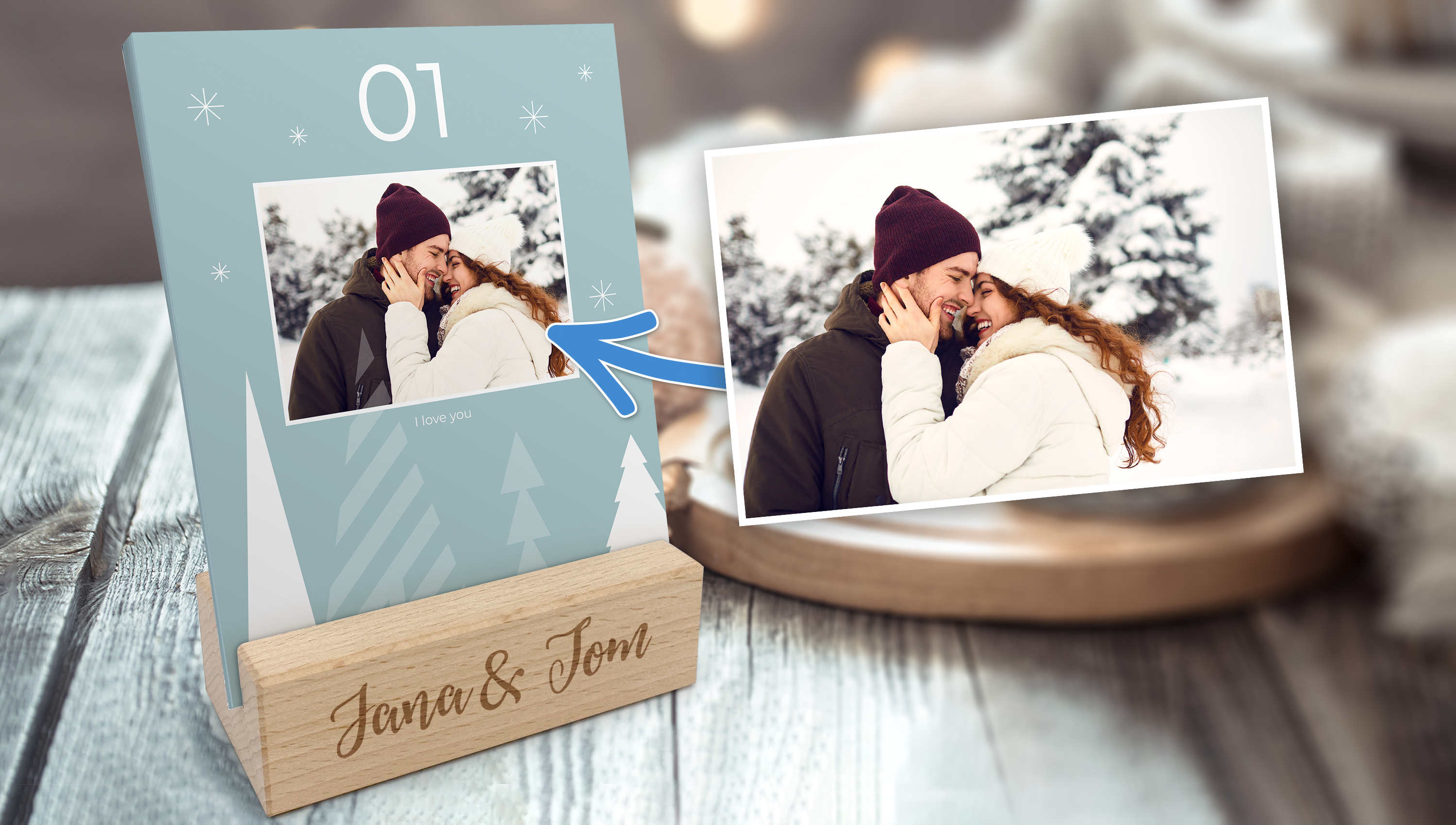 Personalisierter Adventskalender mit Holzaufsteller mit Foto, Namen oder Text