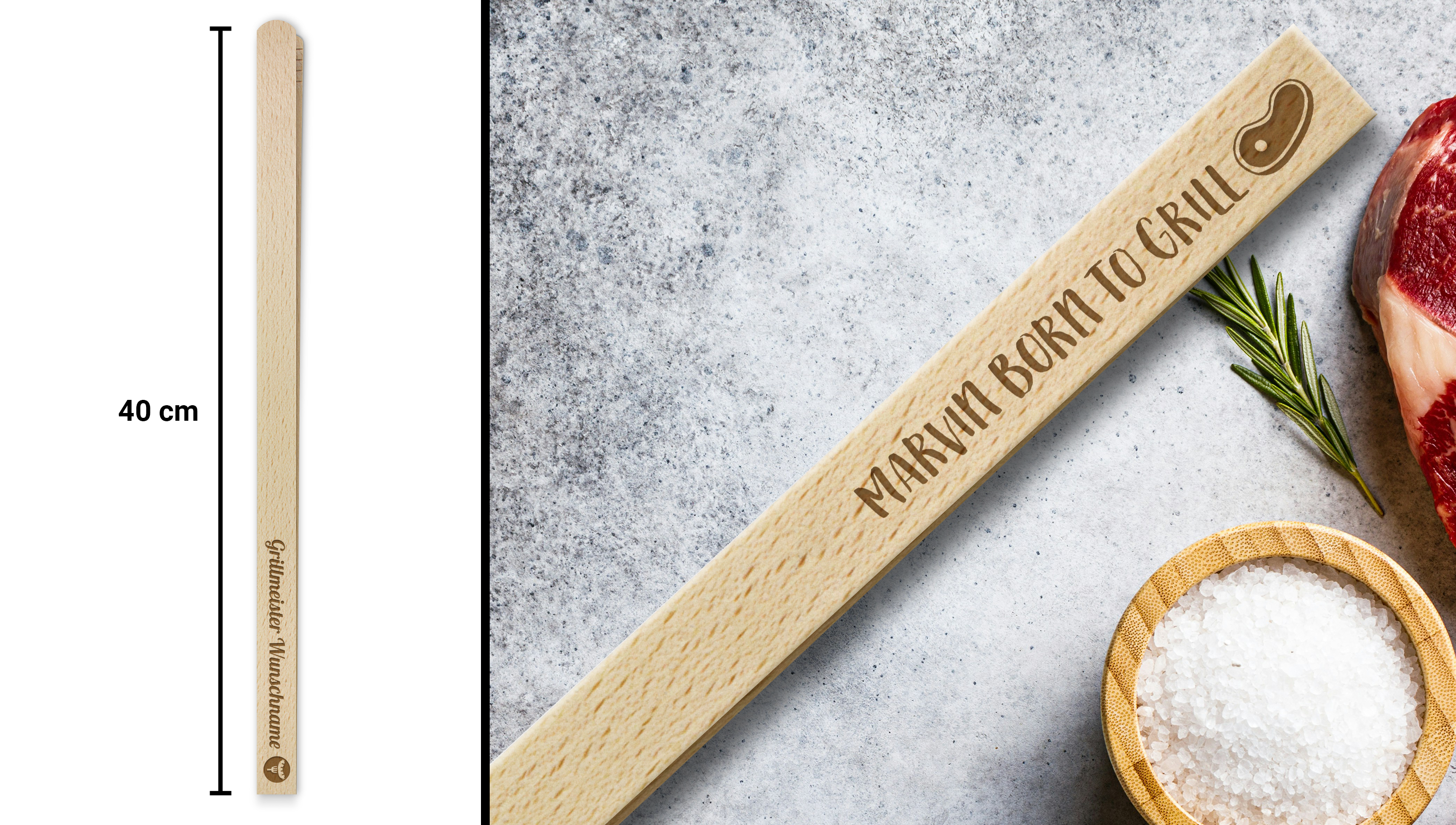 Bratwurstzange beschriften: Die individuelle Holz-Gurkenzange