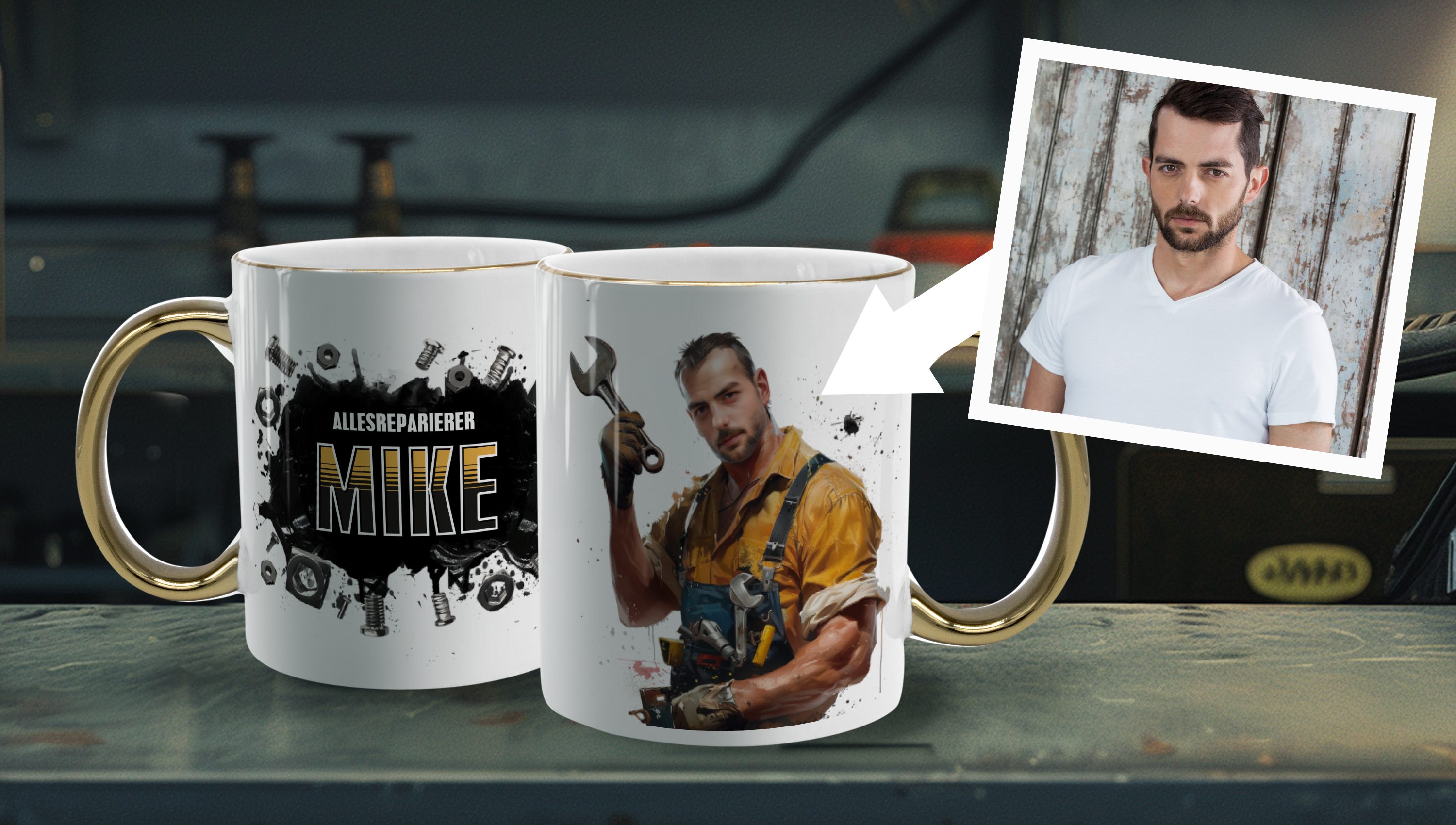 Gesichtstausch-Tassen - Ihr Foto im KI-generierten Motiv