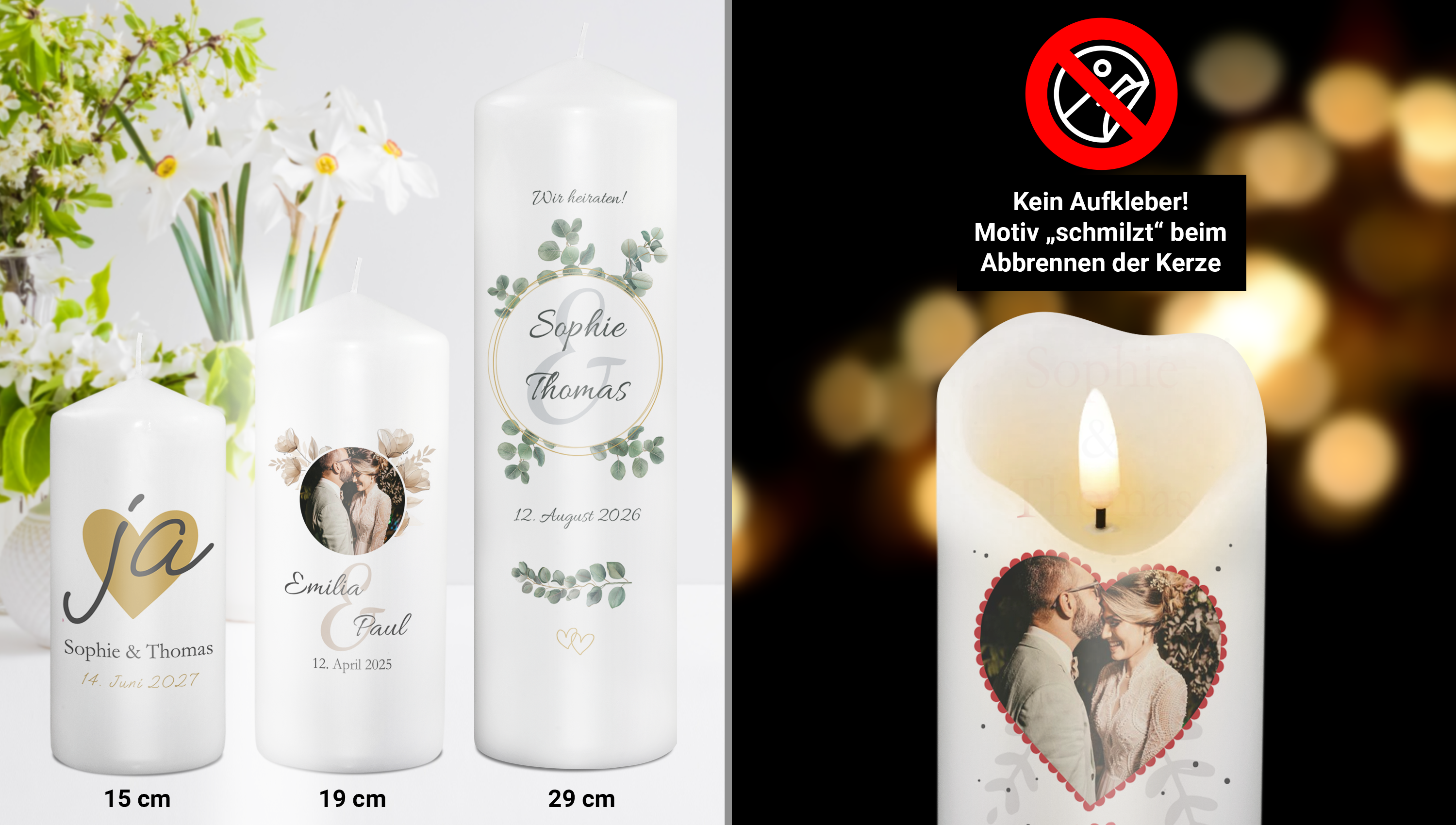 Bedruckte Traukerze mit Namen, Datum, Text und Foto