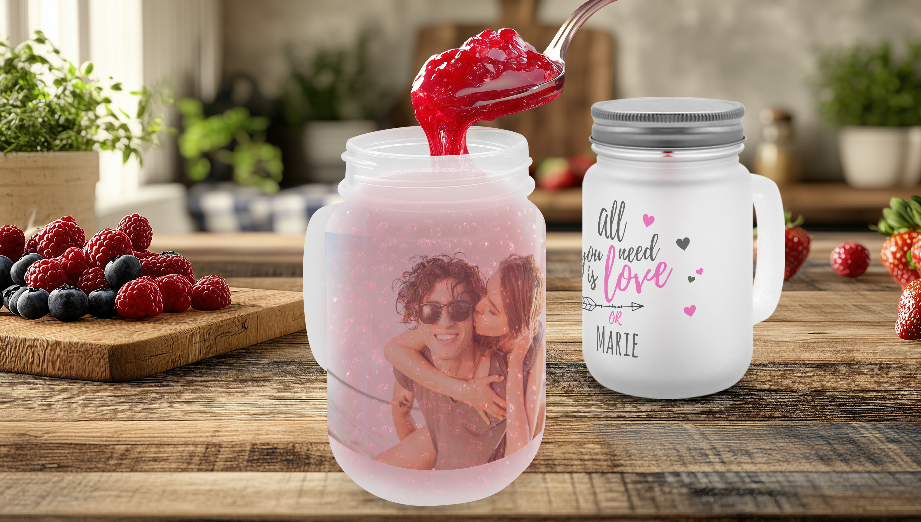 Marmeladenglas mit Griff als Smoothie-Glas mit Strohhalm bedrucken