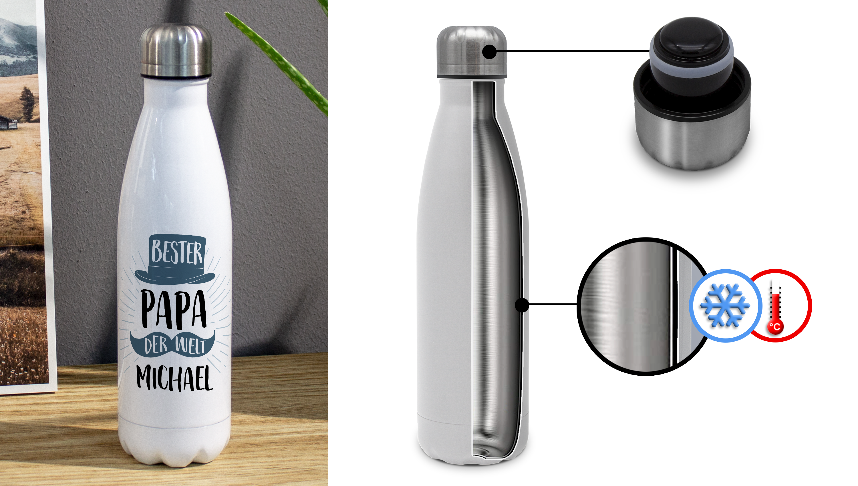 So kannst du die Isolierflasche bedrucken oder gravieren