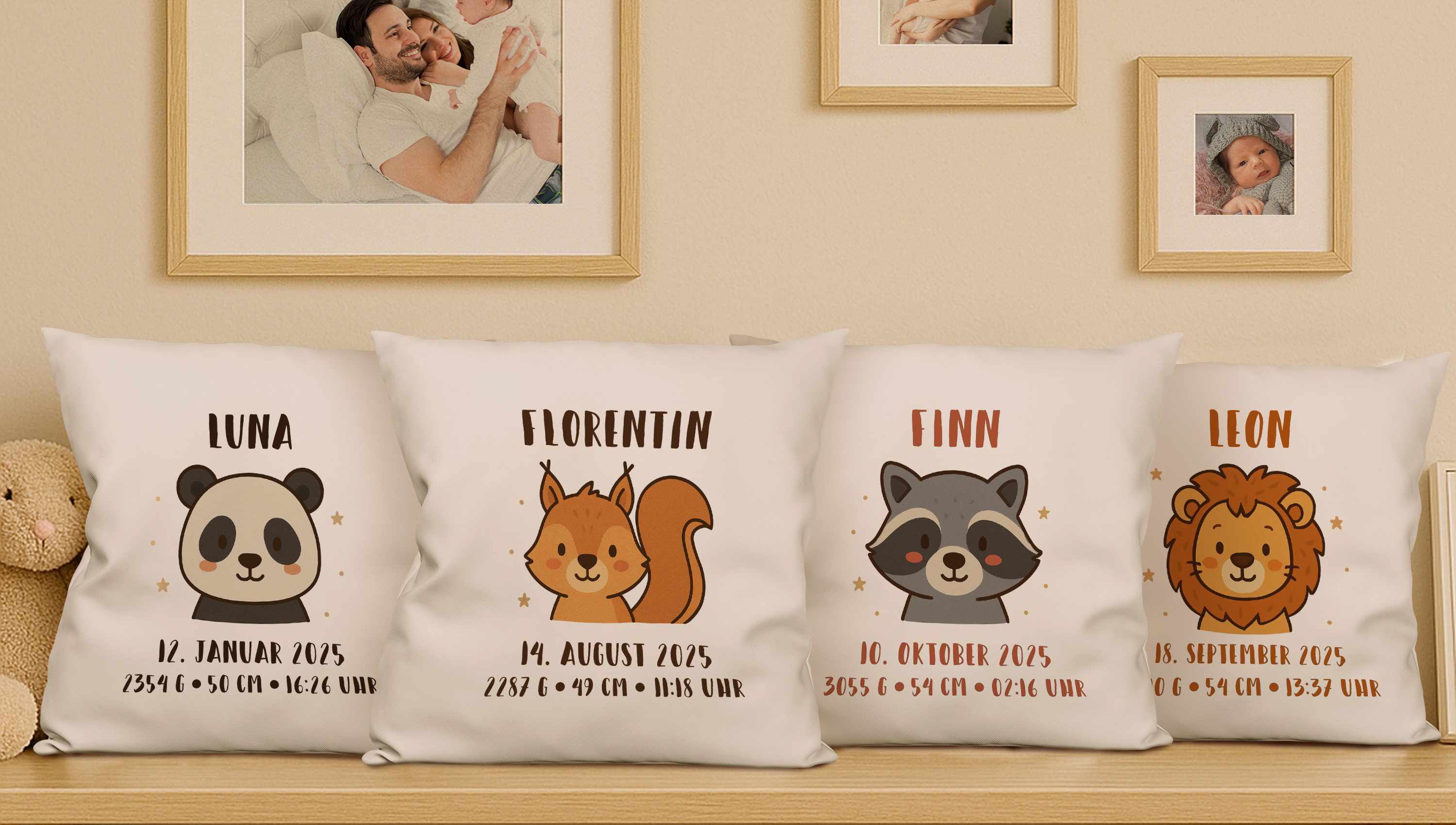 Personalisierte Babykissen mit Namen und Gewicht zur Geburt