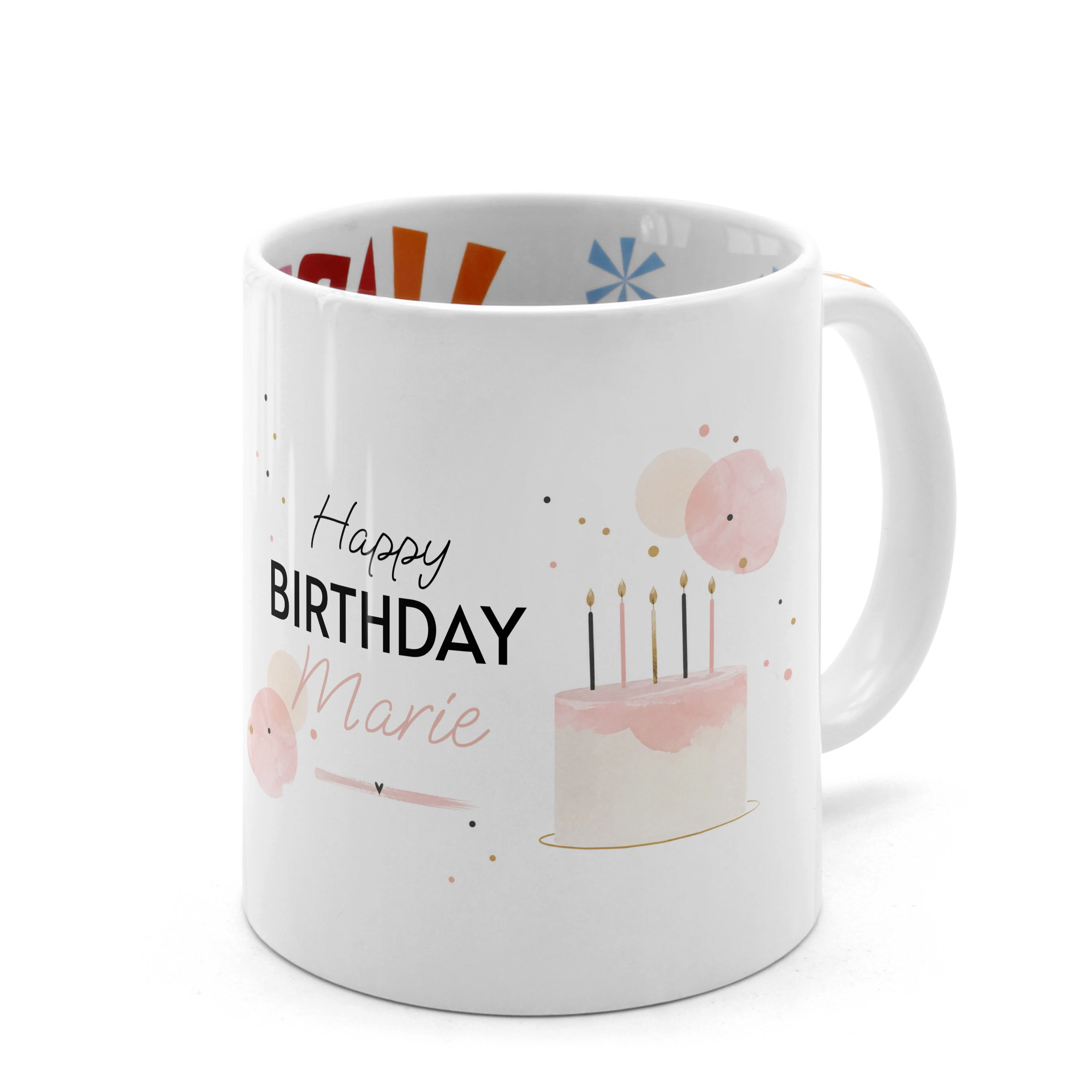 Geburtstagstasse mit Kuchen und Namen