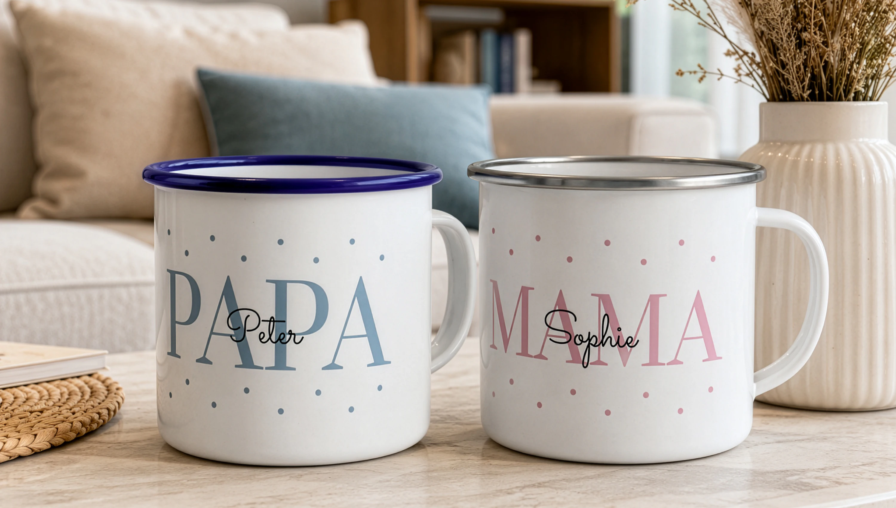 Emaille Tasse mit Foto, Namen oder Spruch gestalten