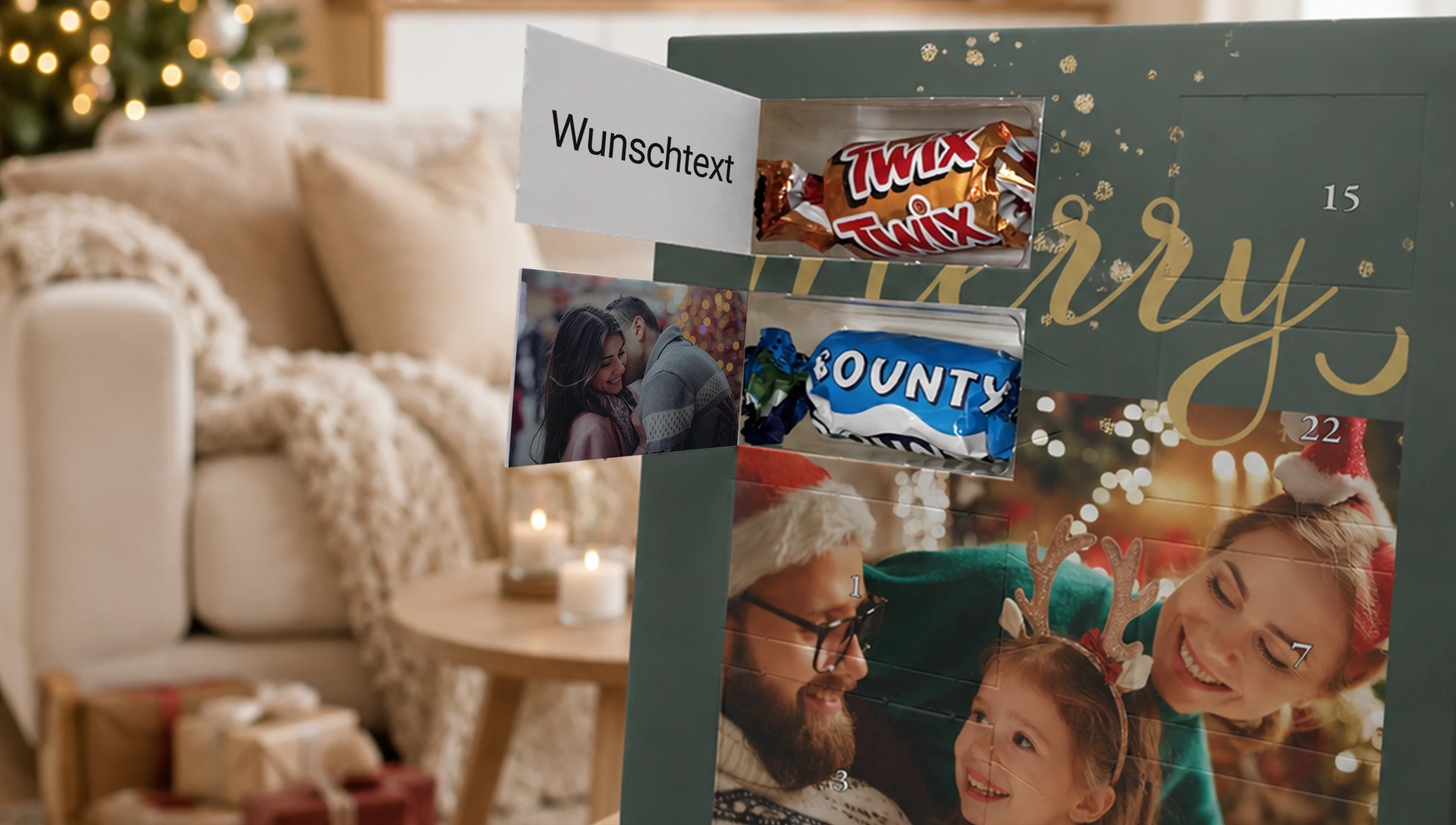 Persönlicher Celebrations Adventskalender mit Fotos, Namen oder Text