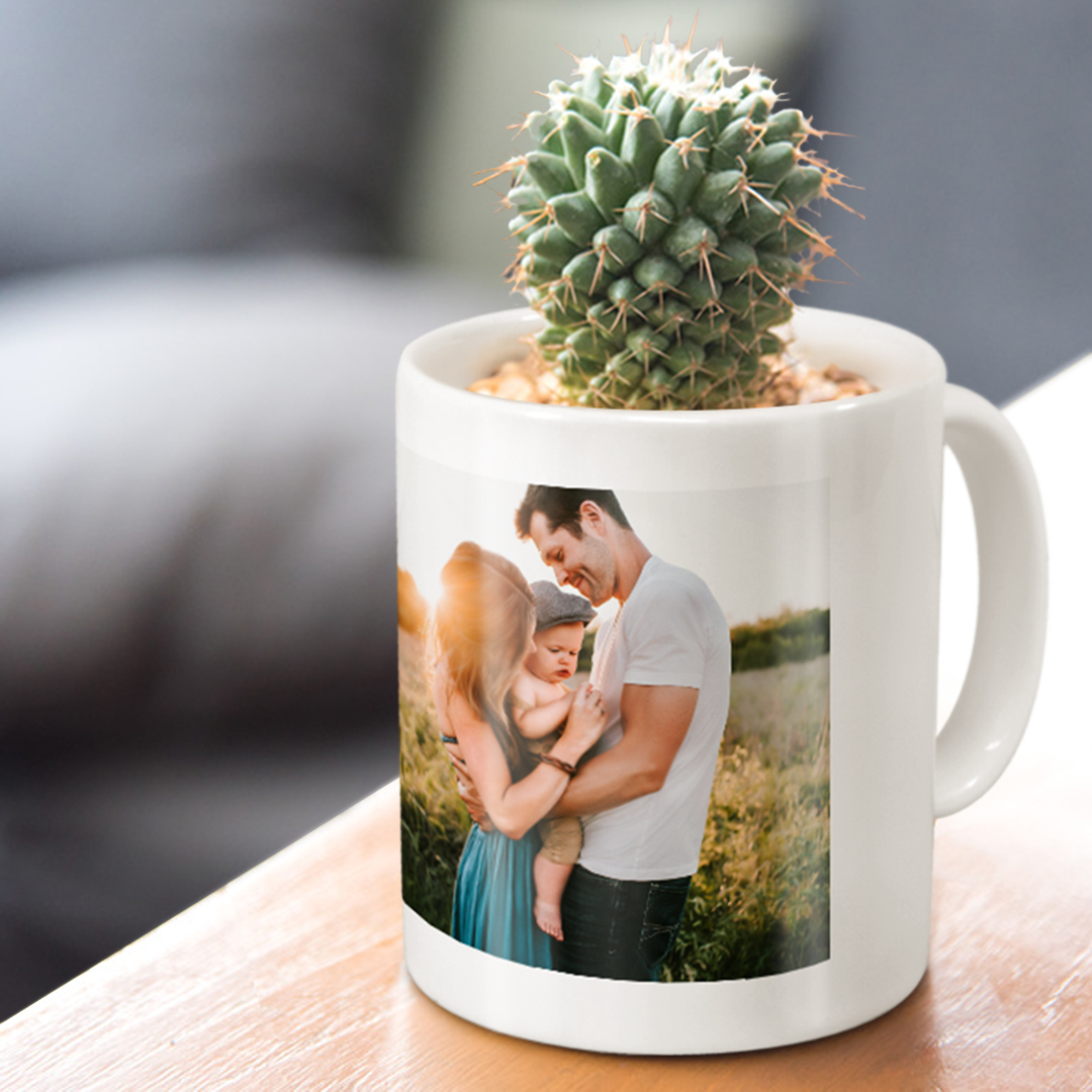 Fototasse als Blumentopf