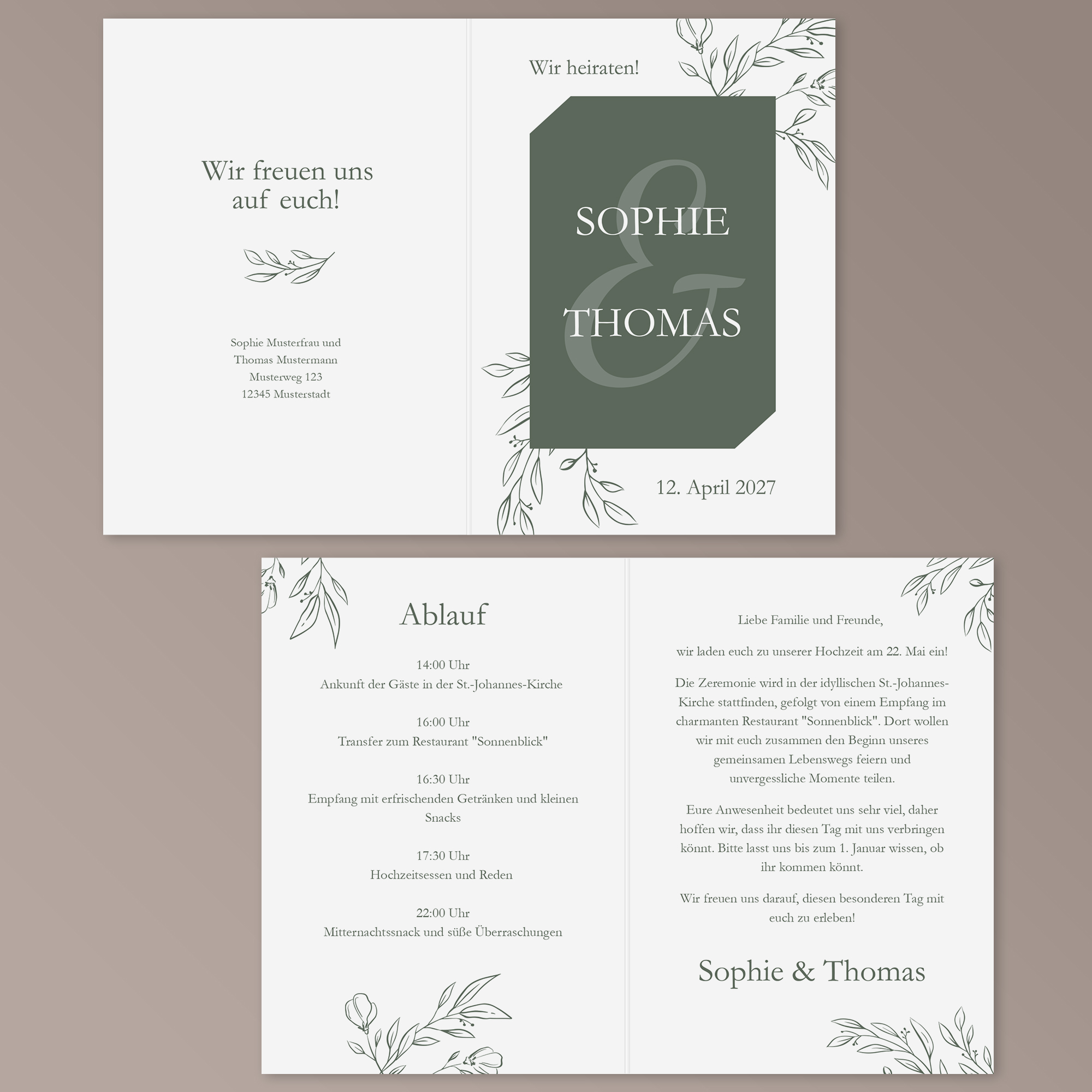 Hochzeitseinladung - Modern Leaves Klappkarte A6 Hoch (10,5 x 14,8 cm) 2