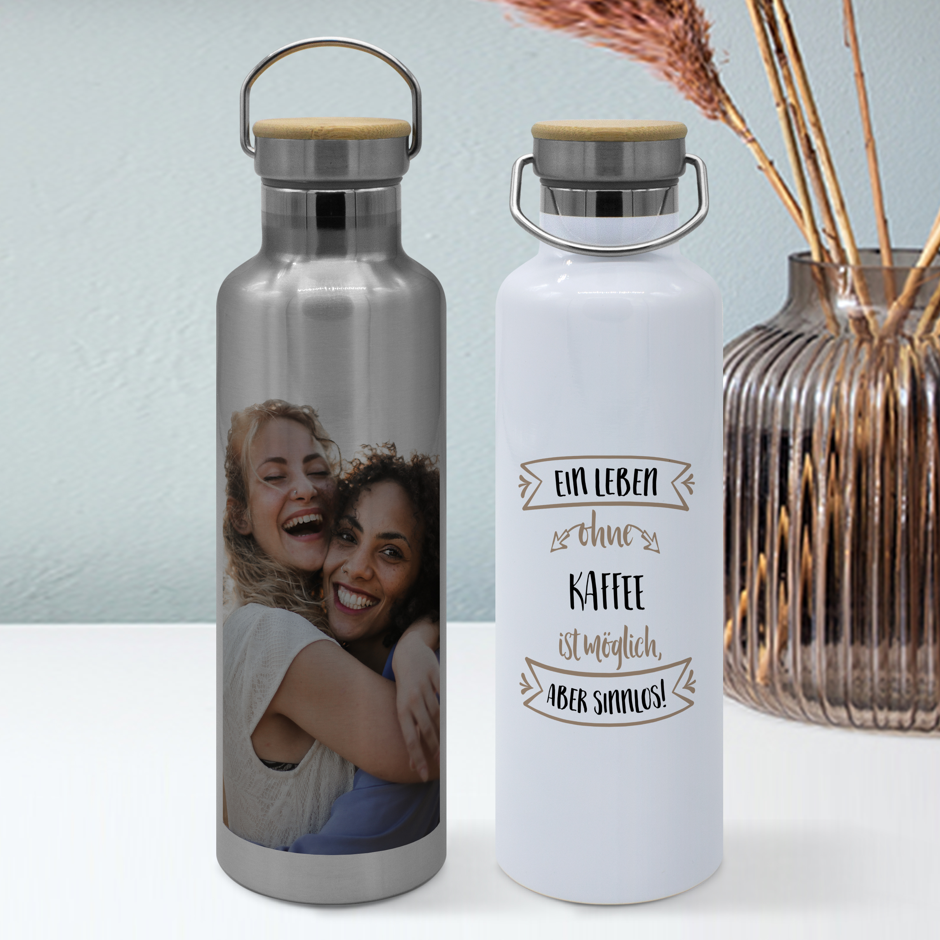 Thermo-Trinkflasche mit Bambusdeckel Silber 5