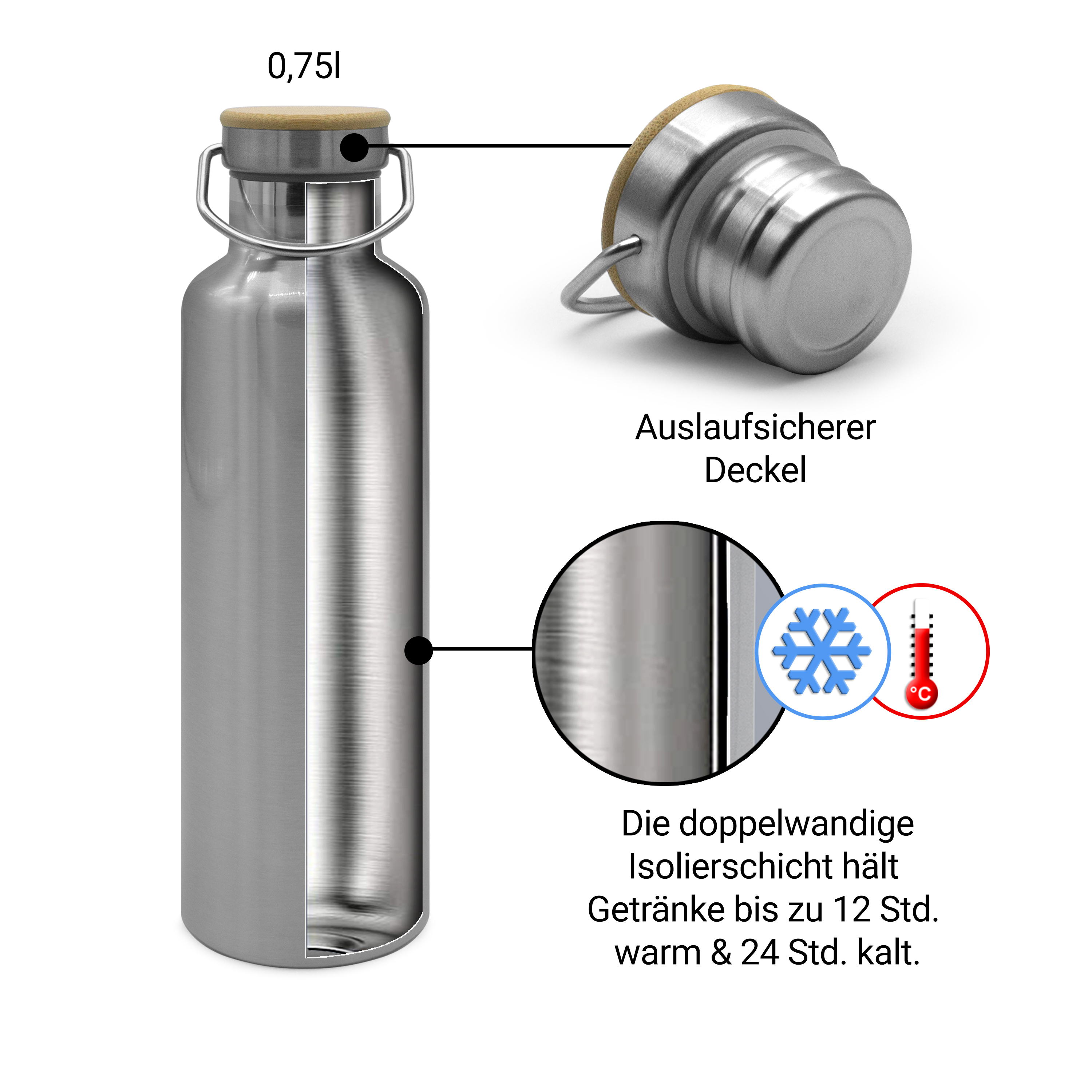 Thermo-Trinkflasche mit Bambusdeckel Silber 3