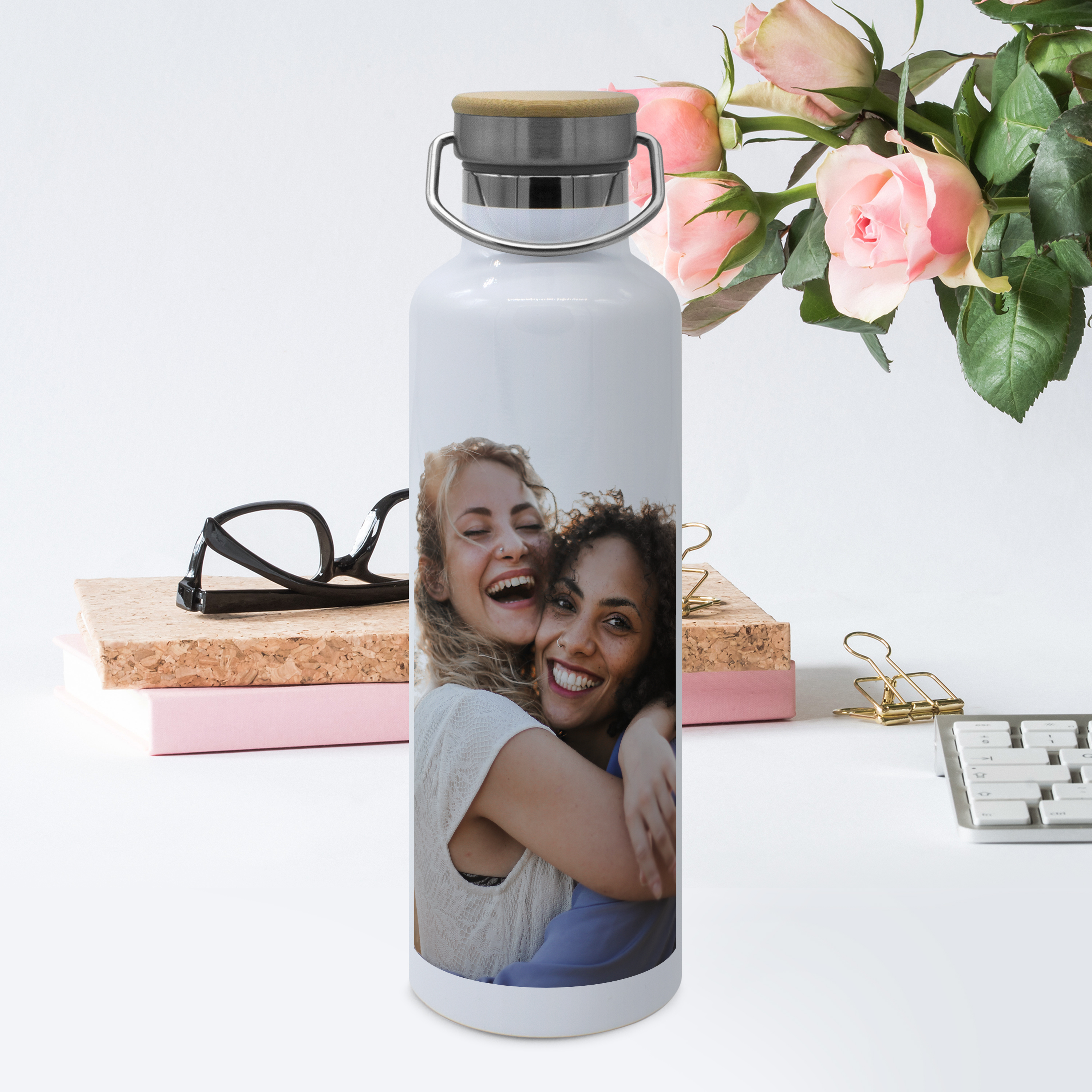 Thermo-Trinkflasche mit Bambusdeckel Weiß 6