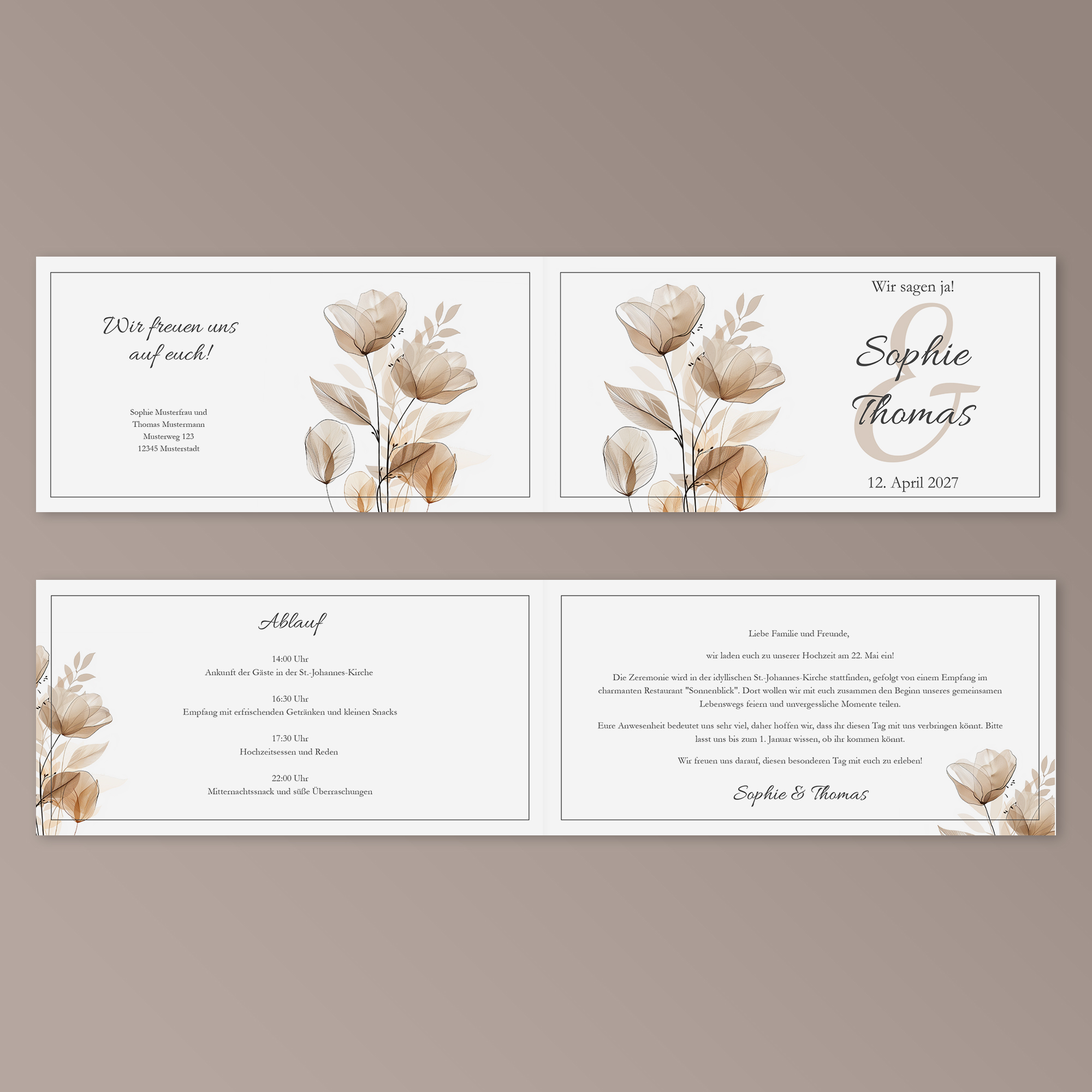 Hochzeitseinladung - Golden Flower Klappkarte DIN lang Quer (21 x 10,5 cm) 2