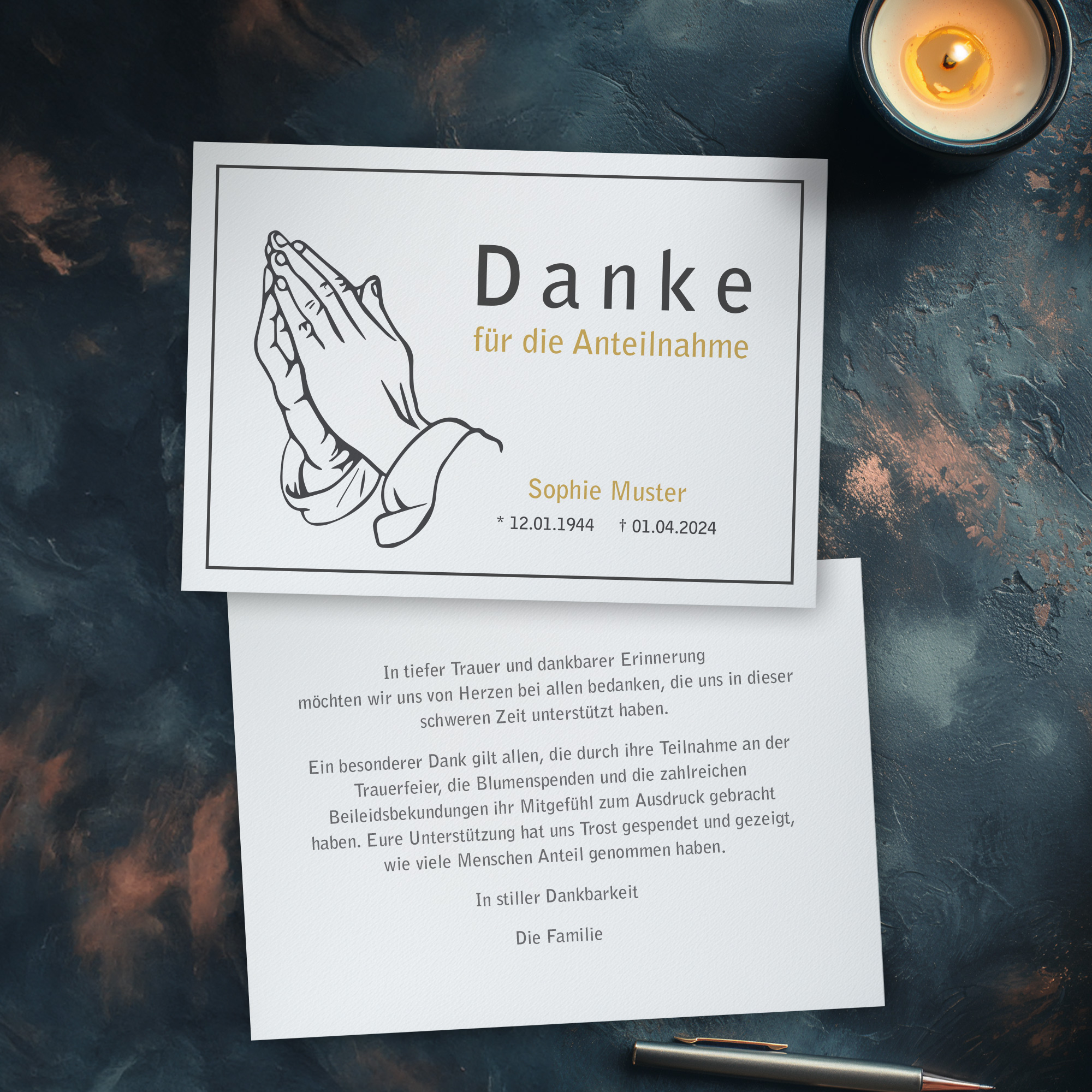 Trauerdanksagung - Folded Hands Karte A6 Quer (14,5 x 10,5 cm) 1