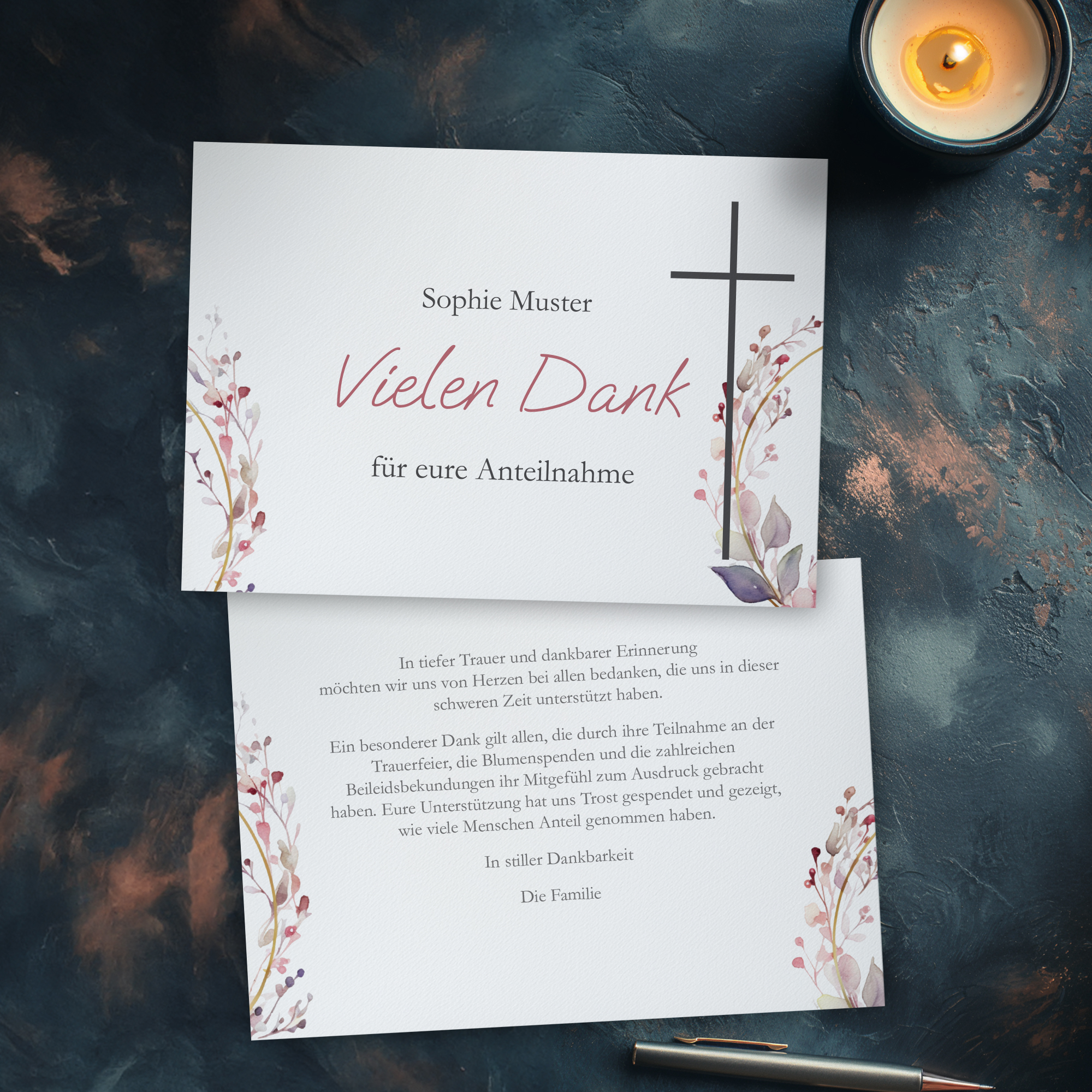 Trauerdanksagung - Flowers Karte A6 Quer (14,8 x 10,5 cm) 1