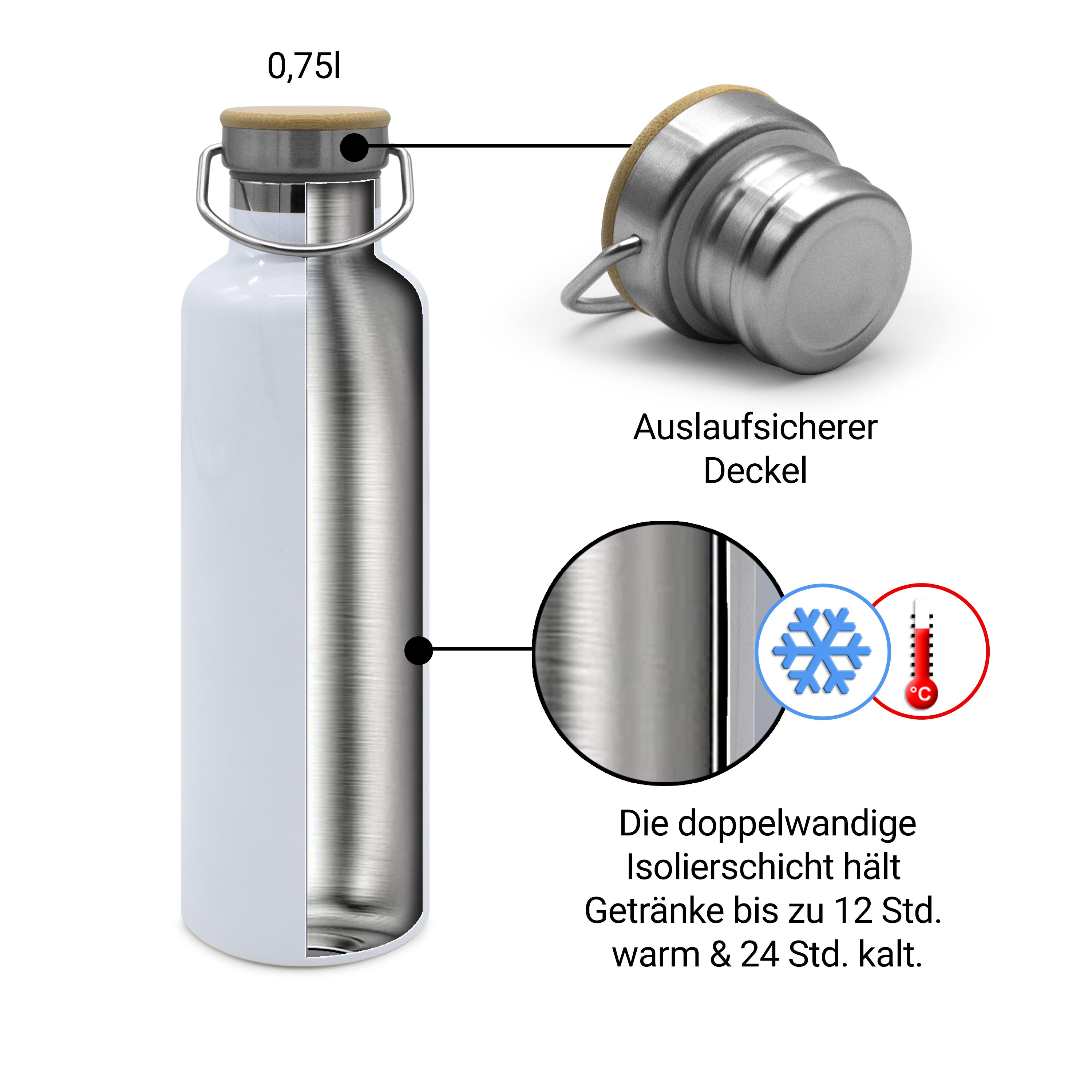 Thermo-Trinkflasche mit Bambusdeckel Weiß 3