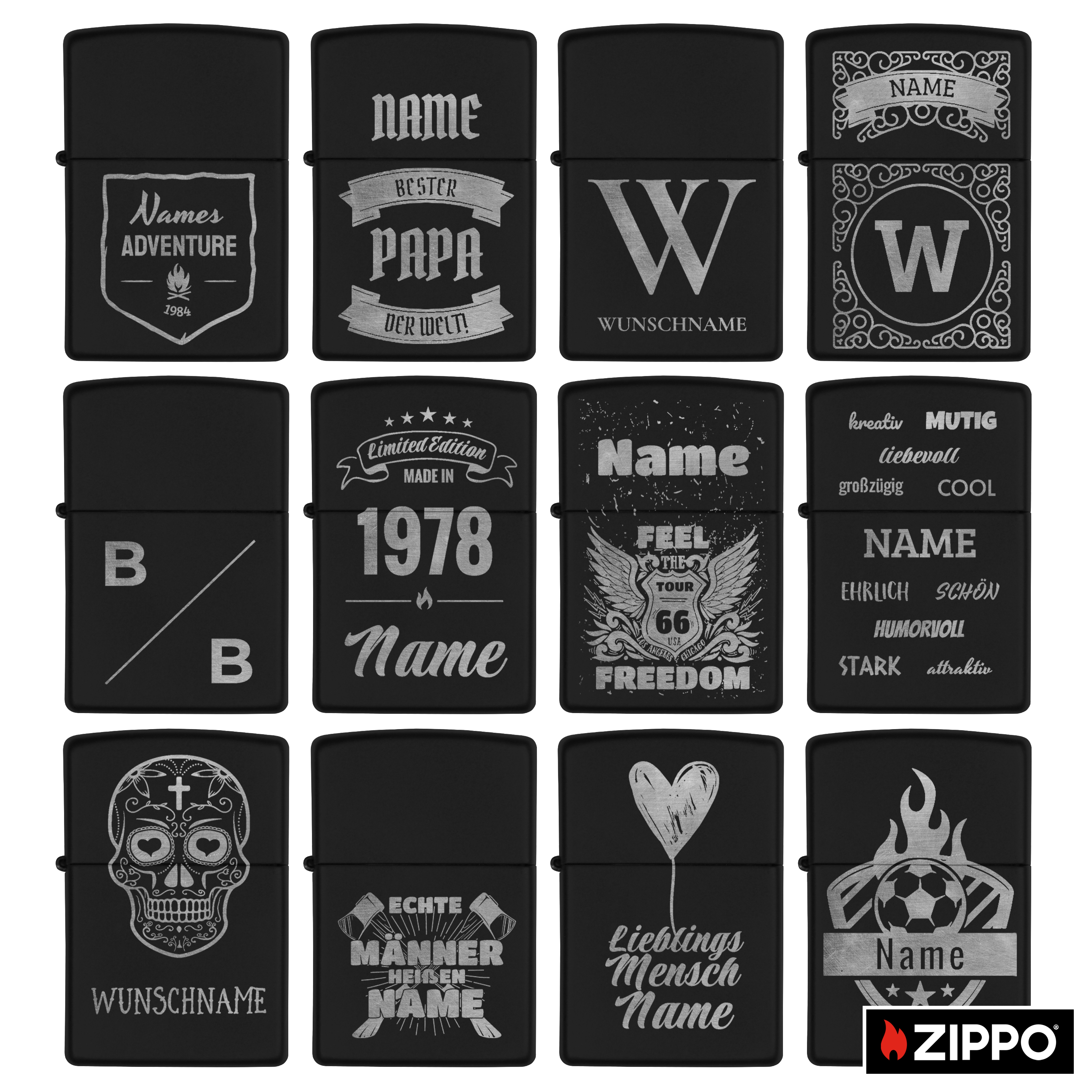 Zippo mit Gravur Schwarz/Silber einseitig 3