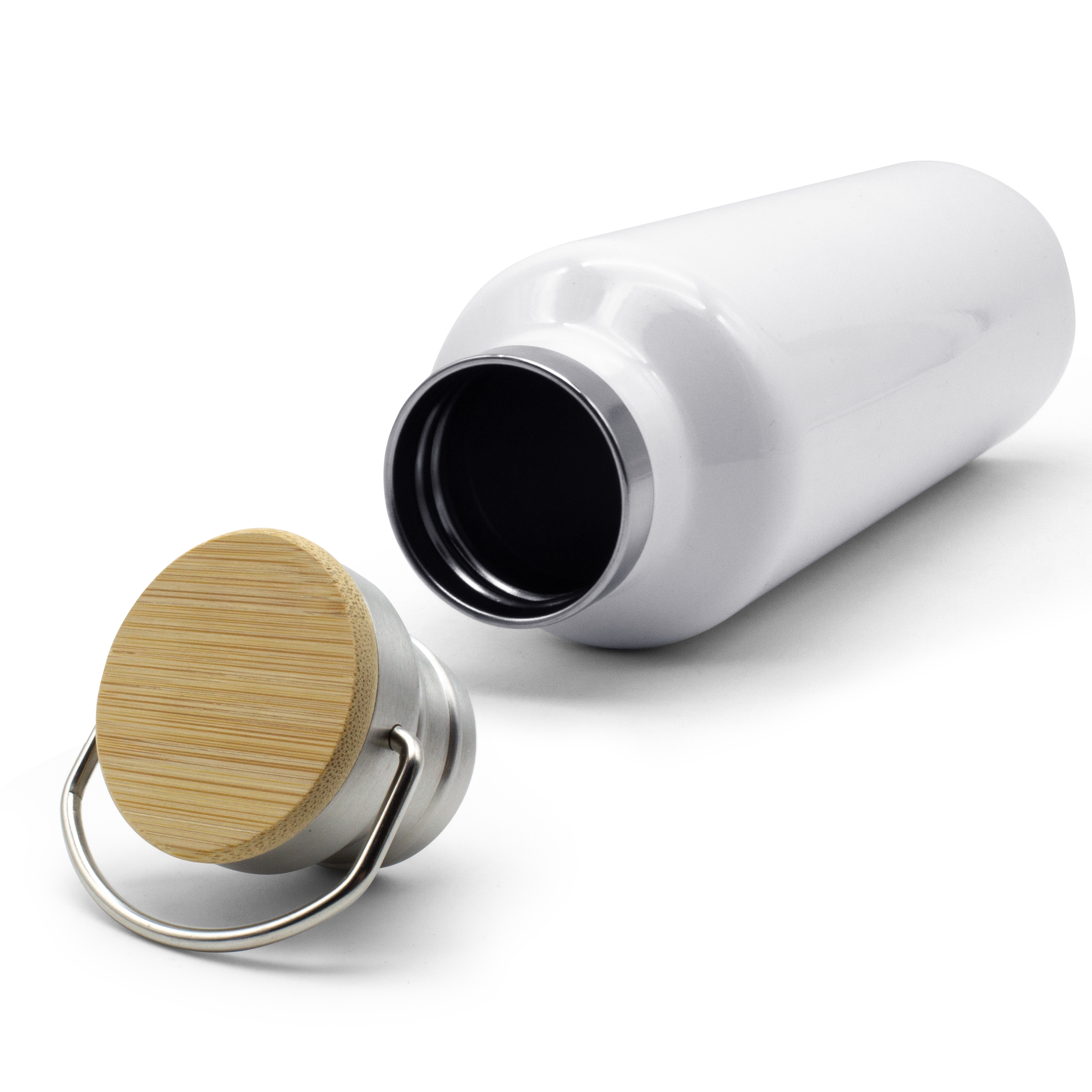 Thermo-Trinkflasche mit Bambusdeckel Weiß 2