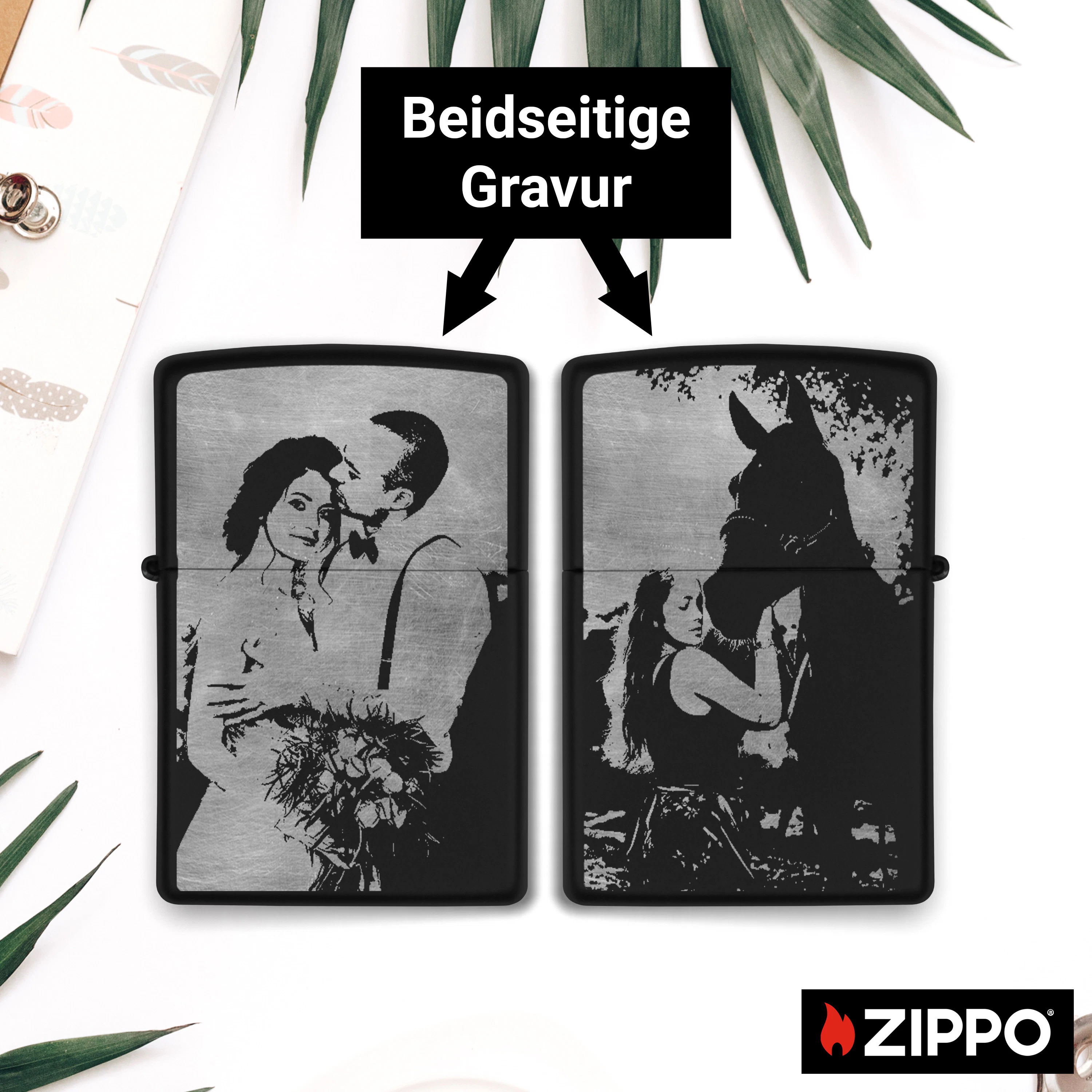 Zippo mit Gravur Schwarz/Silber doppelseitig 2